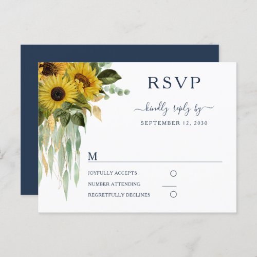 Modern Navy Blue Sunflower Wedding RSVP Postcard