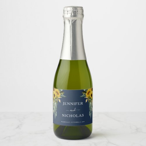 Modern Navy Blue Sunflower Wedding  Sparkling Wine Label