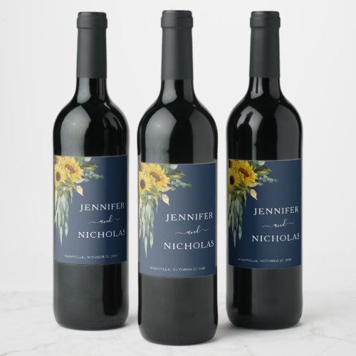 Modern Navy Blue Sunflower Wedding  Wine Label