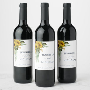 Modern Navy Blue Sunflower Wedding Wine Label