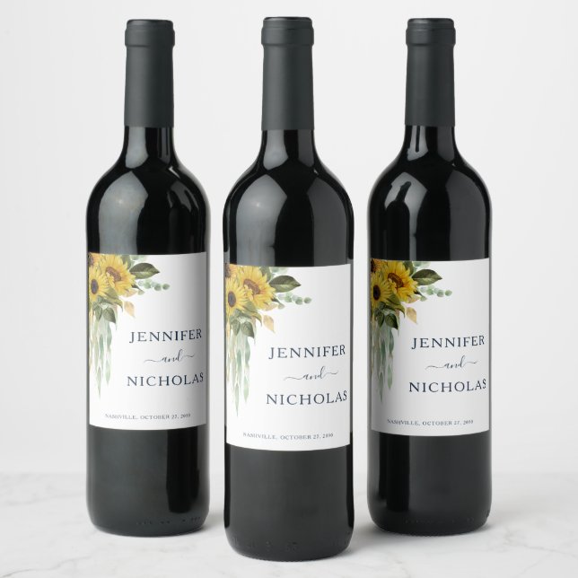 Modern Navy Blue Sunflower Wedding Wine Label (Bottles)