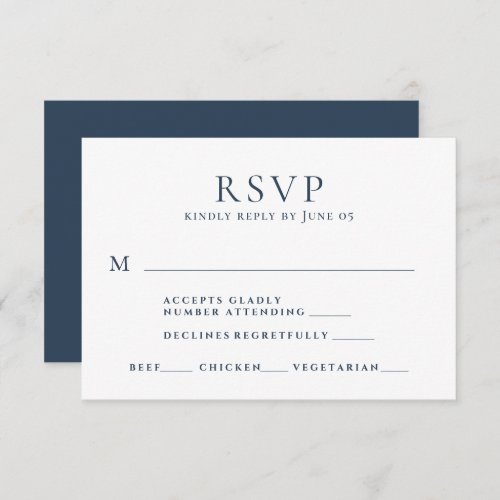 Modern Navy Blue Text Meal Choice Wedding RSVP Card