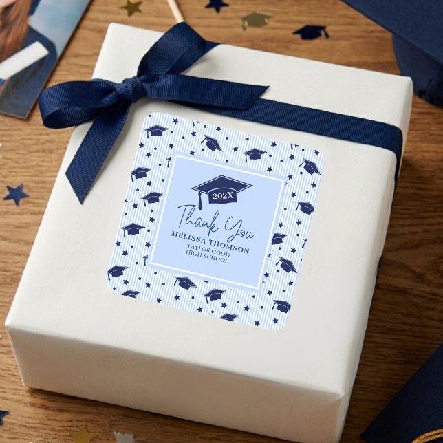 Modern Navy Blue Thank You Graduation Name Square Sticker (Creator Uploaded)
