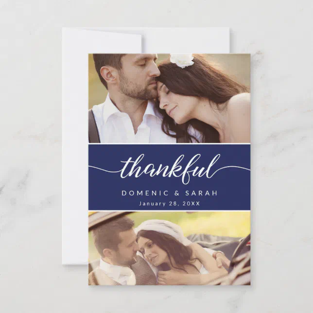 Modern Navy Blue Thankful script Wedding Photos Thank You Card | Zazzle