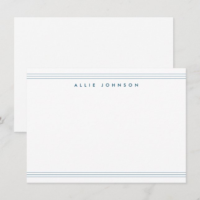 Modern Navy Blue Triple Line Two Border Name  Note Card (Front/Back)