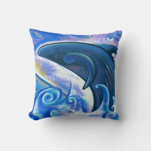 Modern Navy Blue Turquoise Ocean Whale Jump Throw Pillow