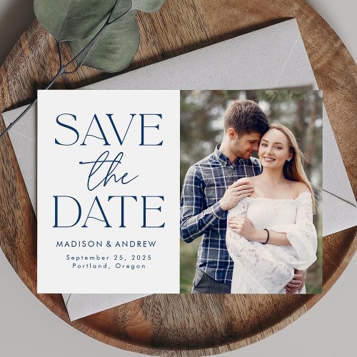 Modern Navy Blue Typography Photo Save The Date