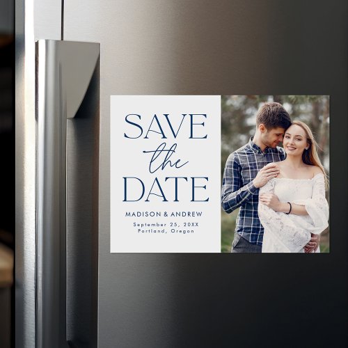 Modern Navy Blue Typography Photo Save the Date Magnetic Invitation