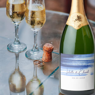 Modern Navy Blue Watercolor Brush Strokes on White Sparkling Wine Label