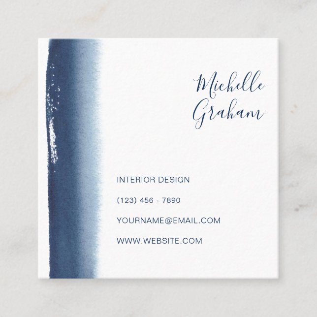 Modern Navy Blue Watercolor Brushstroke Square Business Card (Front)