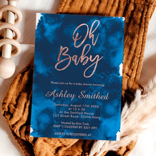 Modern navy blue watercolor chic Oh baby shower Invitation