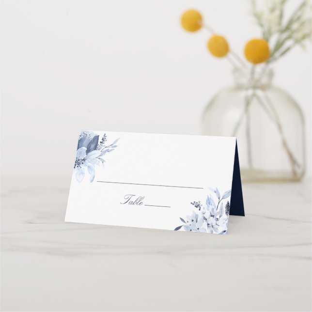 Modern Navy Blue Watercolor Floral Place Card (Front)