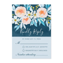 Modern Navy Blue Watercolor Floral RSVP Card