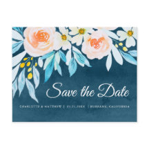 Modern Navy Blue Watercolor Floral Save The Date