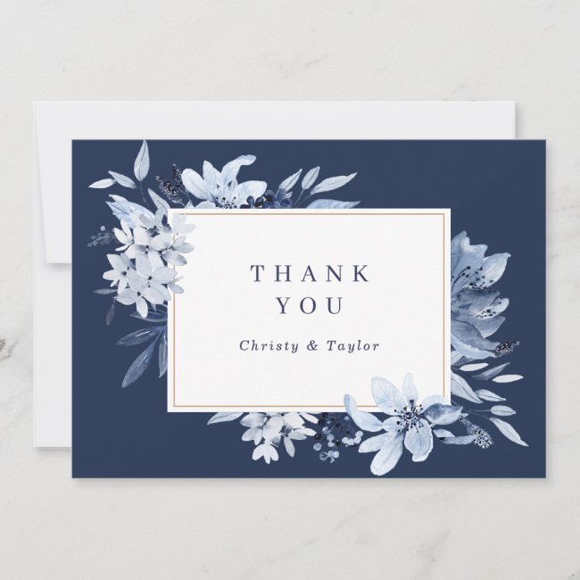 Modern Navy Blue Watercolor Floral Thank You Card