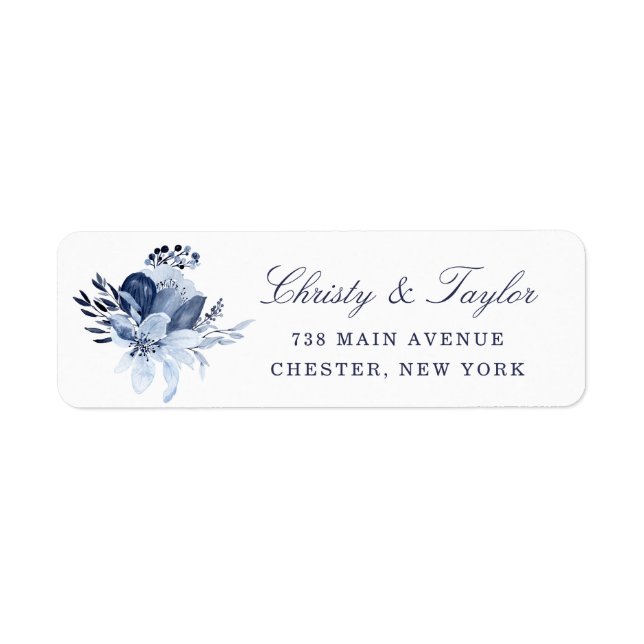 Modern Navy Blue Watercolor Floral Wedding Address Label (Front)