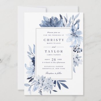 Modern Navy Blue Watercolor Floral Wedding Invitation by HannahMaria at Zazzle