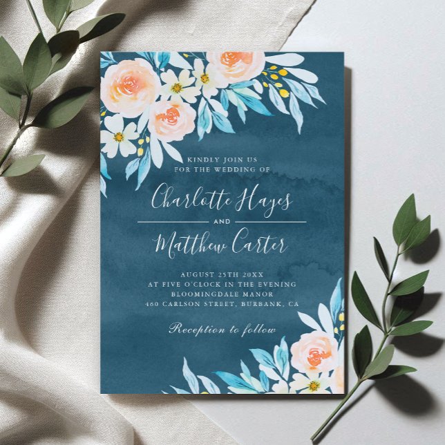 Modern Navy Blue Watercolor Floral Wedding Invitation (Creator Uploaded)
