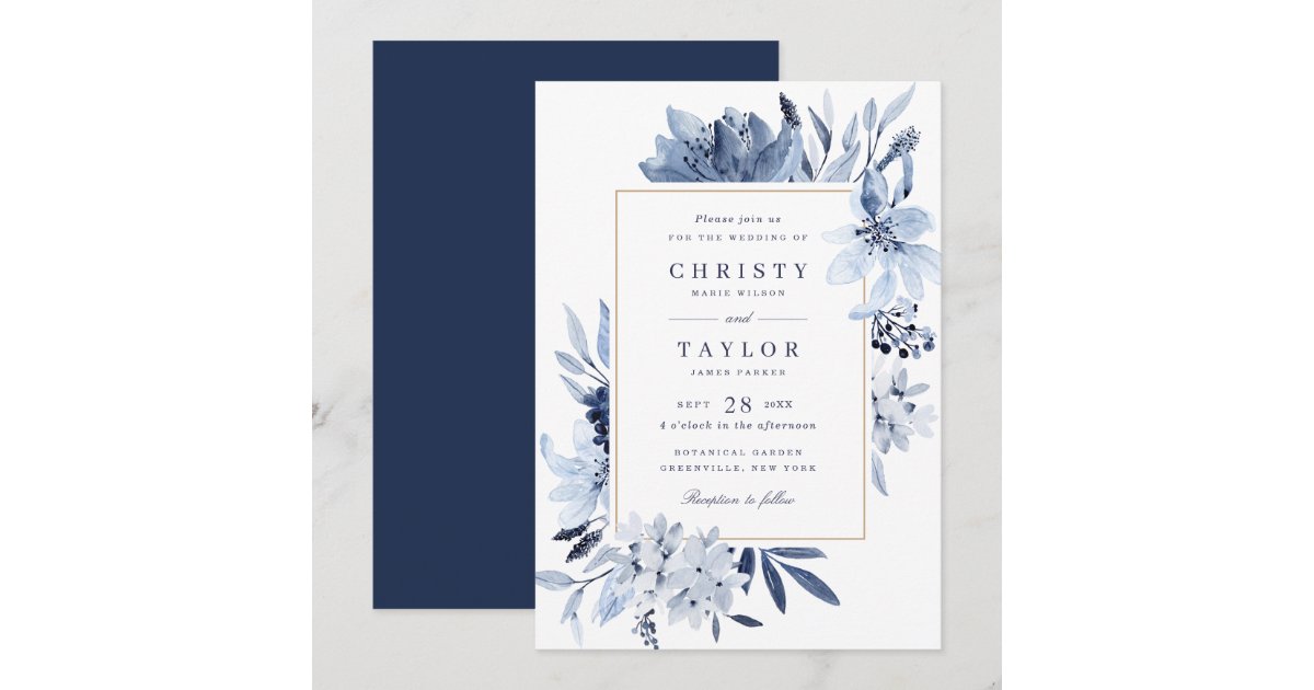 Modern Navy Blue Watercolor Floral Wedding Invitation | Zazzle