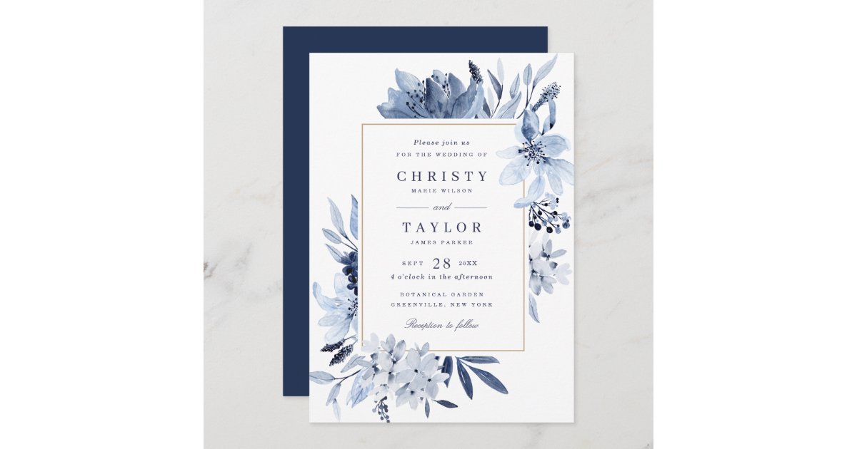 Flowers Calligraphy Navy Blue Watercolor Floral Wedding Invitation Suite Maura Suite ranunculus peonies Greenery