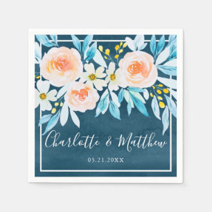 Modern Navy Blue Watercolor Floral Wedding Napkins