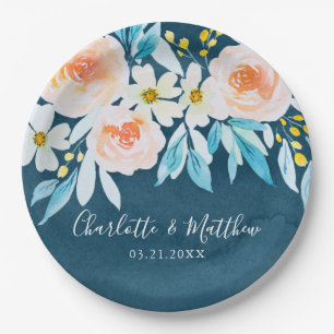 Modern Navy Blue Watercolor Floral Wedding Paper Plates
