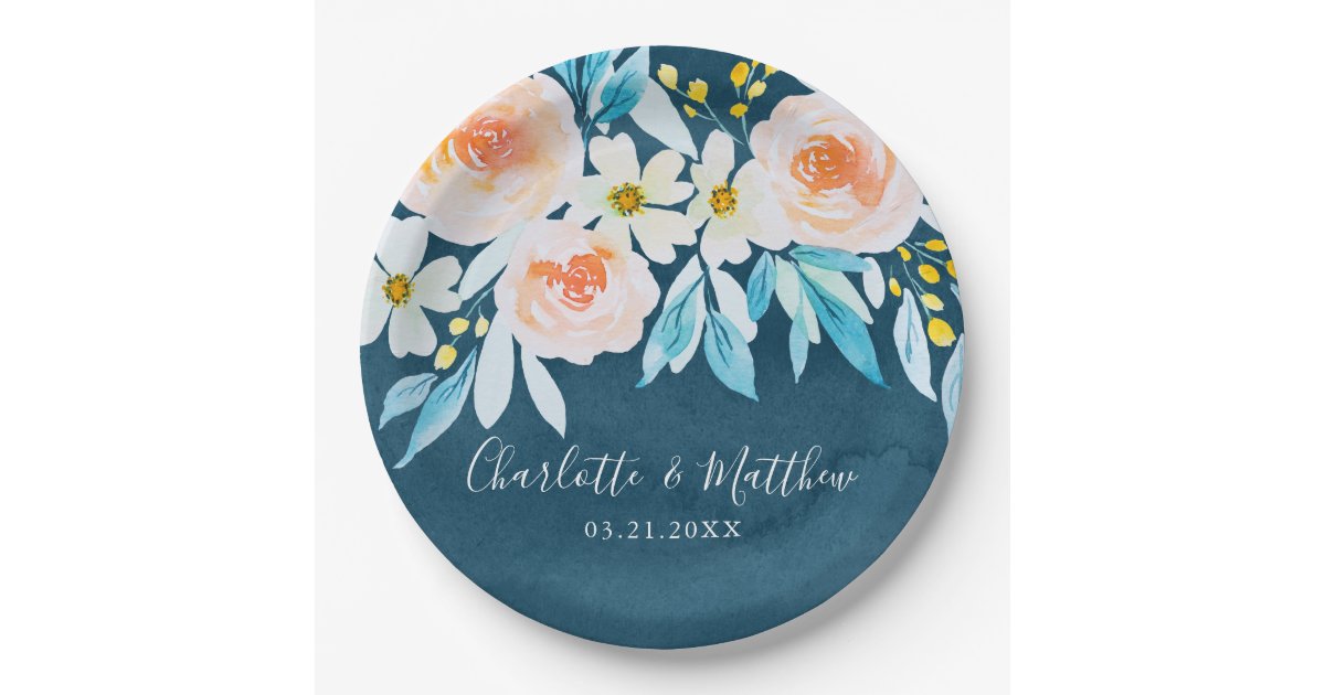 Modern Navy Blue Watercolor Floral Wedding Paper Plates | Zazzle