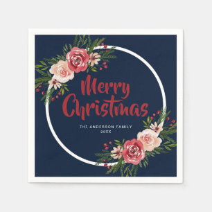 Modern Navy Blue Watercolor Flowers Christmas Napkins