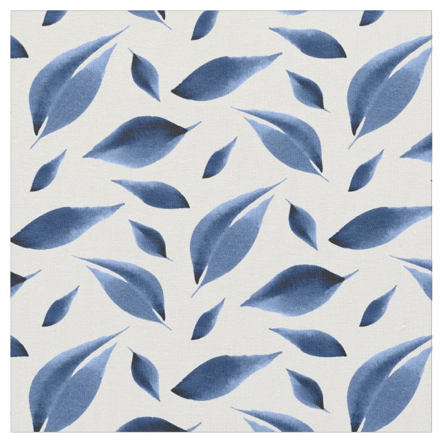 Modern Navy Blue Watercolor Leaves Pattern Fabric (Close Up)