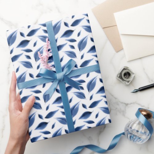 Modern Navy Blue Watercolor Leaves Pattern Wrapping Paper