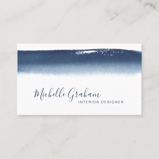 Modern Navy Blue Watercolor Simple Business Card (Front)
