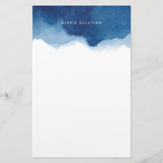 Modern Navy Blue Watercolor Splash Personalized Stationery (Front)