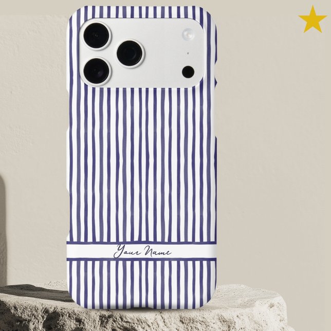 Modern Navy Blue Watercolor Stripes Custom Name  iPhone Case (Creator Uploaded)