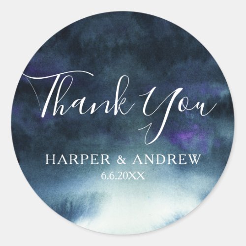 Modern Navy Blue Watercolor  Thank You Classic Round Sticker