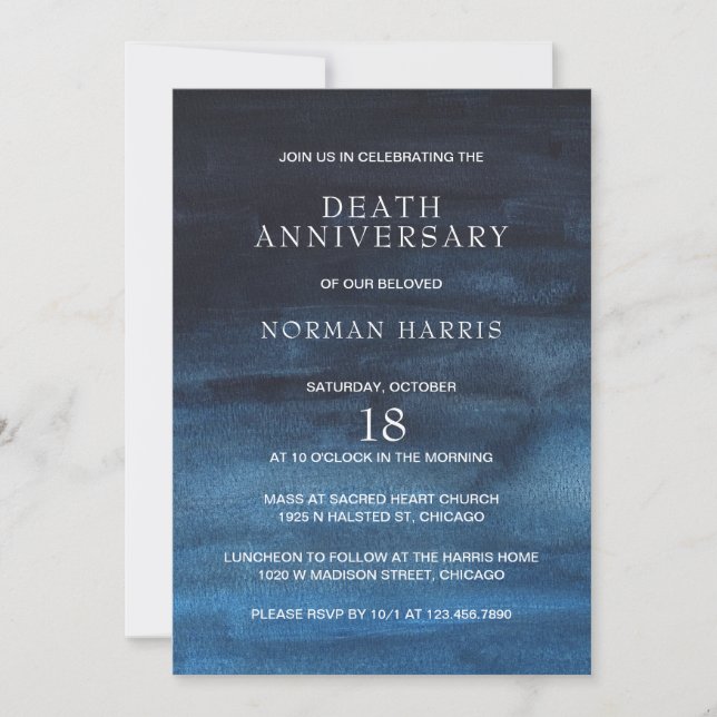 Modern Navy Blue Watercolor Wash Death Anniversary Invitation (Front)