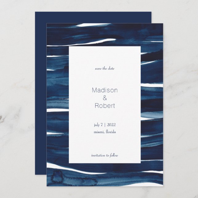 Modern Navy Blue Watercolor Waves Save the Date Invitation (Front/Back)