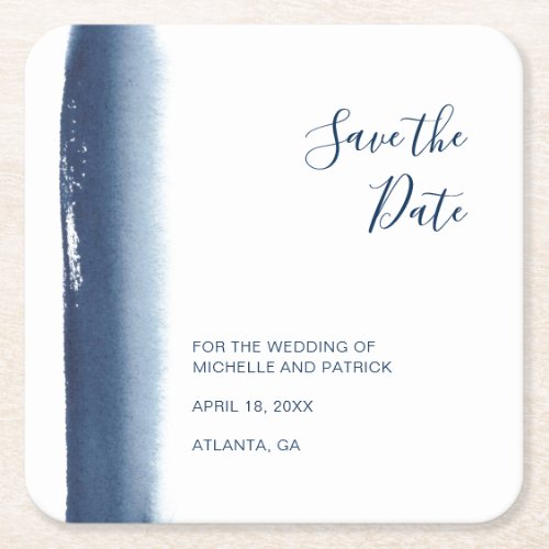 Modern Navy Blue Watercolor Wedding Save the Date Square Paper Coaster