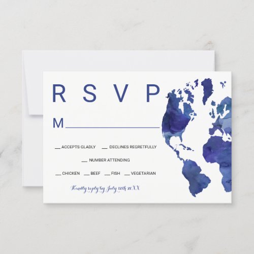 Modern navy blue watercolor world map RSVP wedding