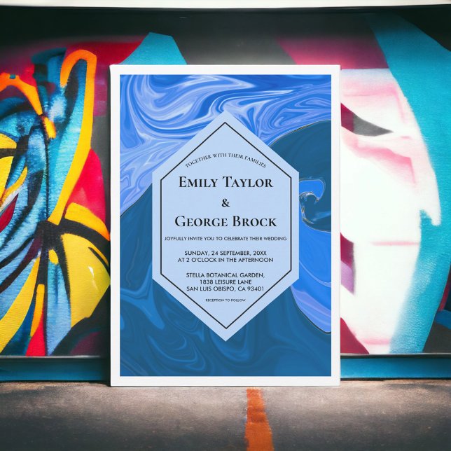 Modern Navy Blue Waves Abstract Artistic Wedding Invitation (Creator Uploaded)