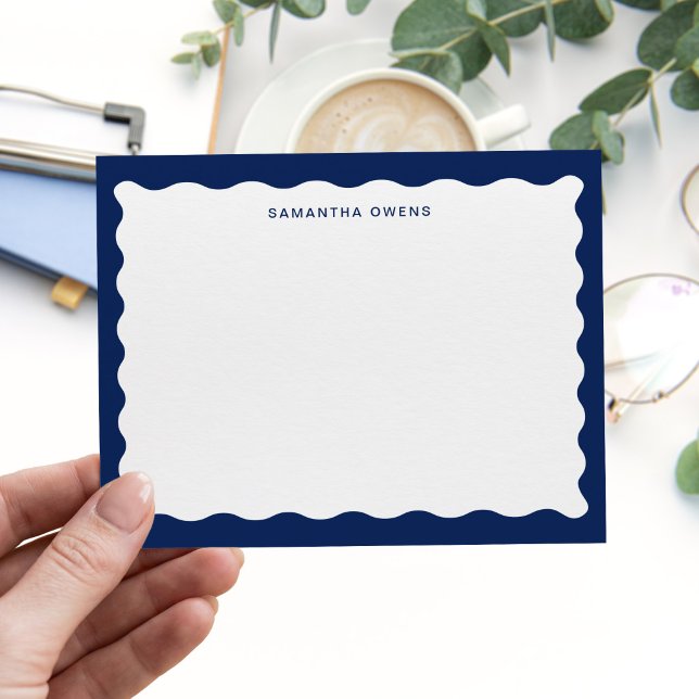 Modern Navy Blue Wavy Border Monogram Note Card (Creator Uploaded)