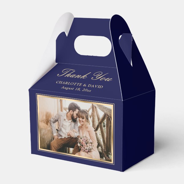 Modern Navy Blue Wedding 2 Photo Thank You Favor Boxes (Back Side)