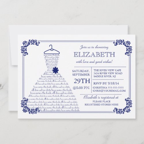 Modern Navy Blue Wedding Dress Bridal Shower 5x7 Paper Invitation Card