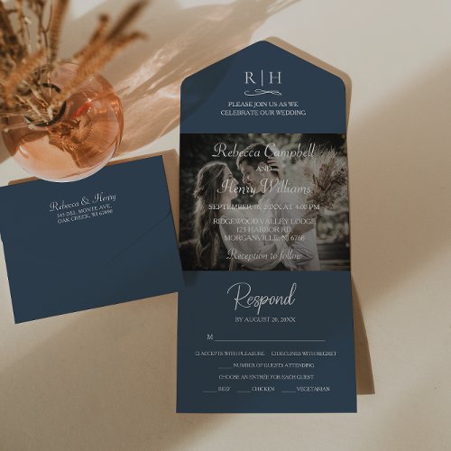 Modern Navy Blue Wedding Photo  Monogram RSVP All In One Invitation