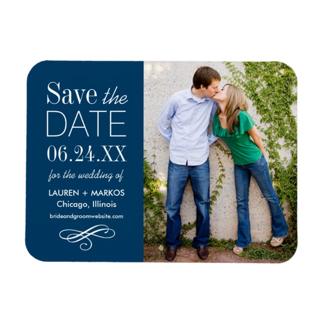 Modern Navy Blue Wedding Photo Save the Date Magnet (Horizontal)