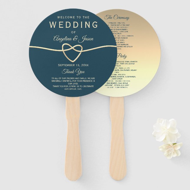 Modern Navy Blue Wedding Program Hand Fan (Front and Back)