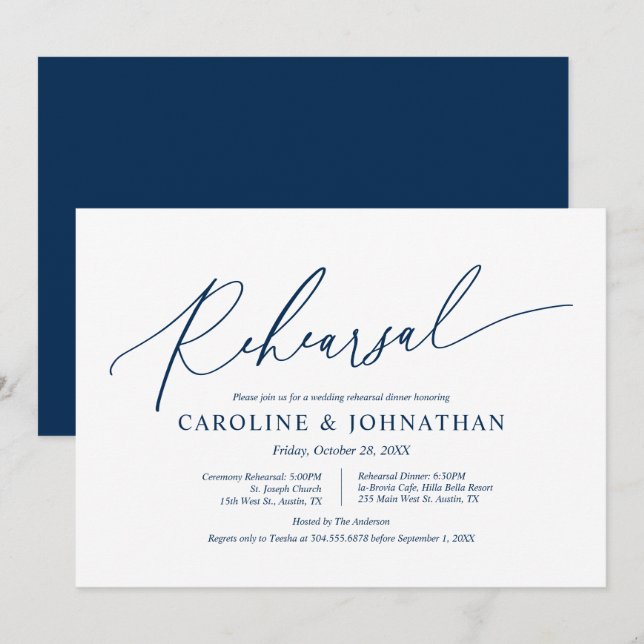 Modern Navy Blue, Wedding Rehearsal and Dinner Invitation (Front/Back)