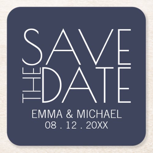 Modern Navy Blue Wedding Save the Date Square Paper Coaster