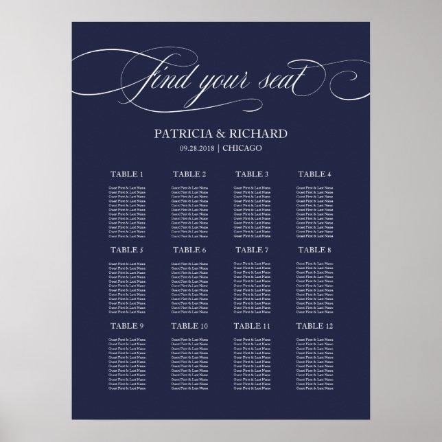 Modern Navy Blue Wedding Seating Chart Sign Poster (Front)