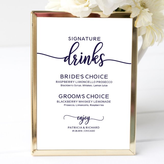 Modern Navy Blue Wedding Signature Drinks Bar Sign (Creator Uploaded)