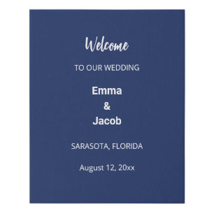 Modern Navy Blue Wedding Welcome Sign Faux Canvas
